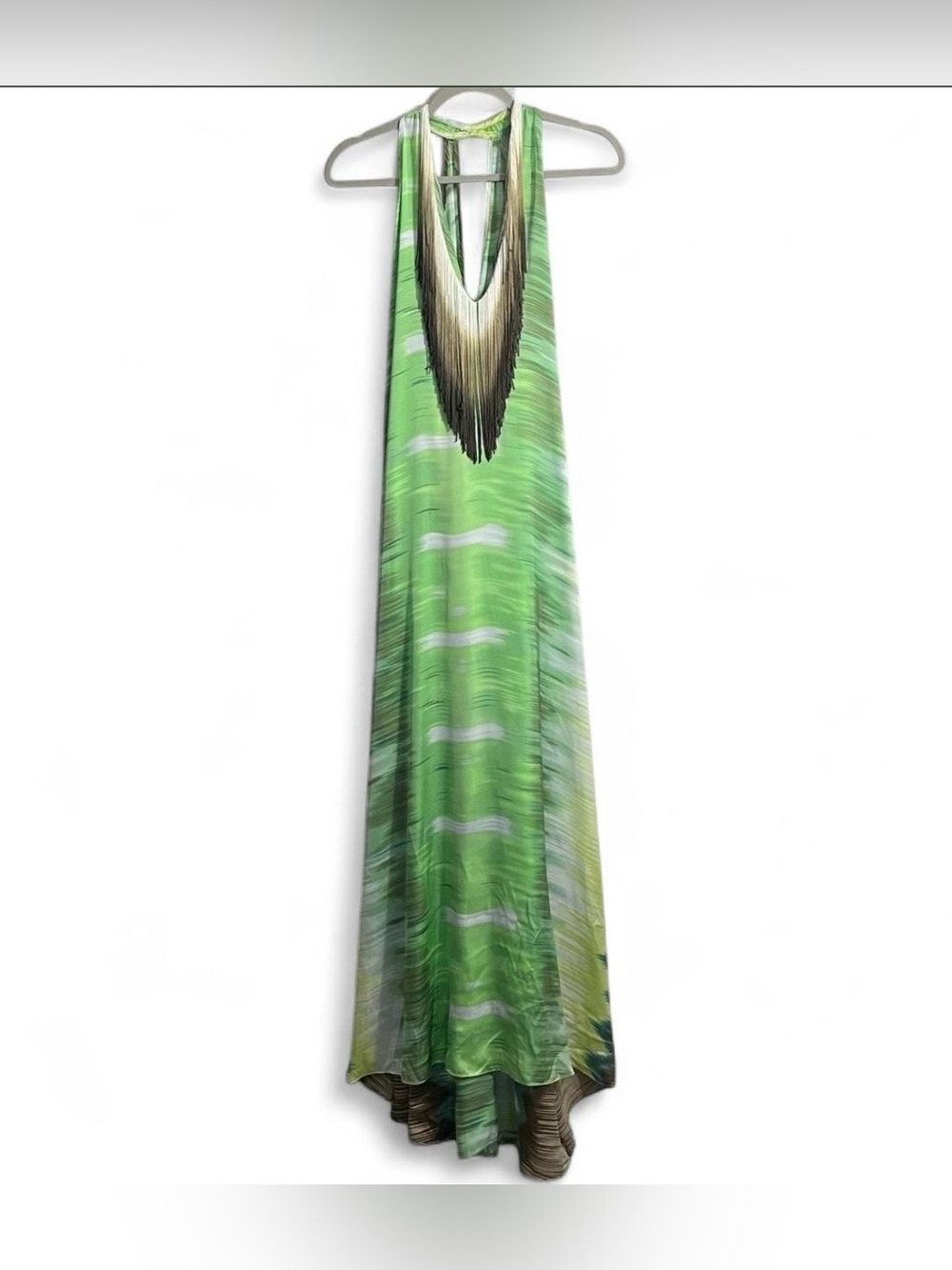 Alexis Green Silk Boho Oversize Maxi Dress Fringe Drape Large Resort Watercolor